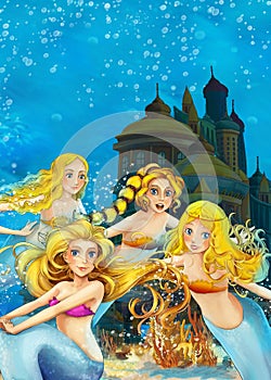 Cartoon fantasy scene on underwater kingdom - beautiful manga girl - mermaid friends