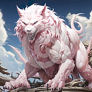 A cartoon Fantasy of a white monster wolf with a pink tail