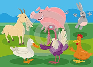 Cartoon farm animal characters in the countryside