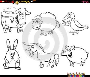 Cartoon farm animal characters set coloring book page