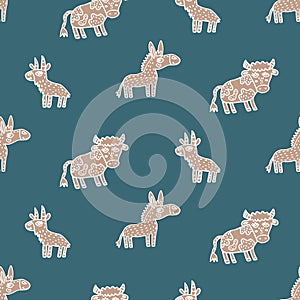 Cartoon farm animals. Baby seamless pattern. Cute craft cattle characters with white outline.