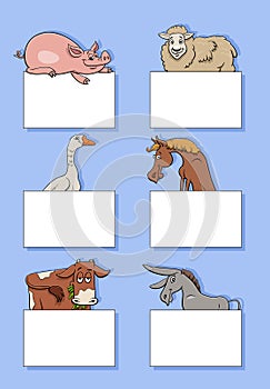 cartoon farm animals with cards or banners design set