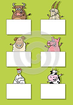 cartoon farm animals with cards or banners design set