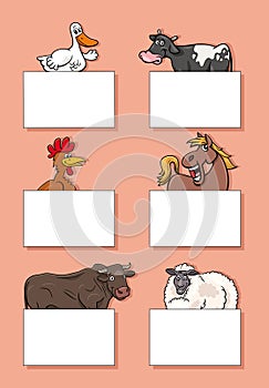 cartoon farm animals with cards or banners design set