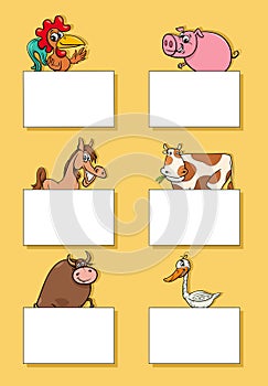 cartoon farm animals with cards or banners design set