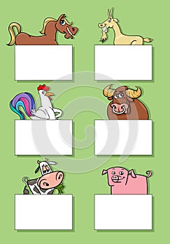 cartoon farm animals with cards or banners design set