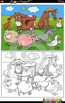 Cartoon farm animals characters coloring book page