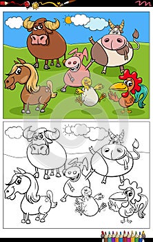 Cartoon farm animals characters group coloring book page