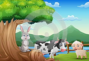 Cartoon farm animals in the forest