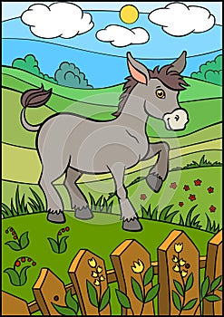 Cartoon farm animals for kids. Cute small donkey.