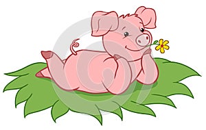 Cartoon farm animals. Little cute pig lies on the grass and smiles.