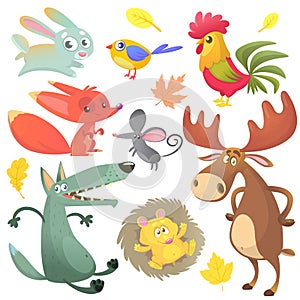 Cartoon farm animals set. Vector illustrations of rabbit, rooster, fox, mouse, wolf, hedgehog, moose elk and blue yellow bird