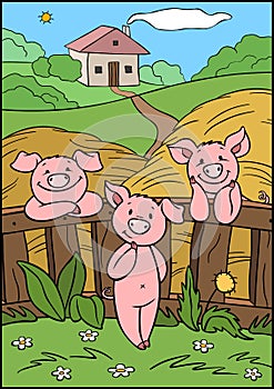 Cartoon farm animals. Three little cute pigs are near the fence on the farm.