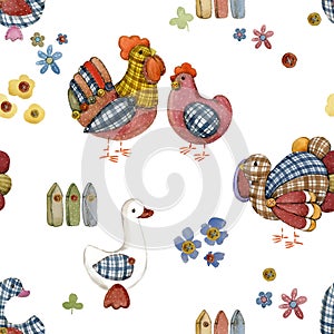 Cartoon farm birds seamless pattern. domestic bird watercolor.