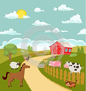 Cartoon farm with cute animals. vector