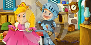 Cartoon farm house ranch kitchen with knight princess