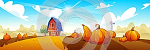 Cartoon farm landscape with red barn and pumpkins