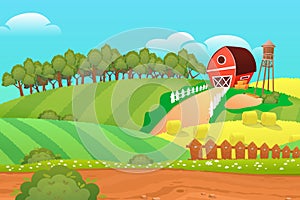 Cartoon farm panorama with fields and red farm