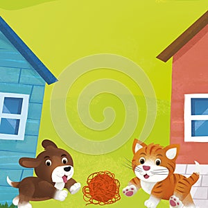 Cartoon farm ranch animals playing wool toy