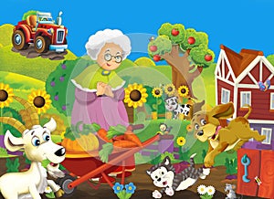 cartoon farm ranch scene with farmer woman girl different animals illustration for children