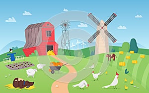 Cartoon farm rural landscape vector illustration, comic flat summer farmland field with dry haystacks, grazing cute cows