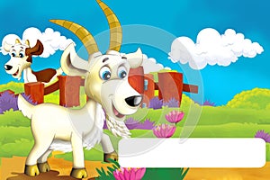 Cartoon farm scene with animal goat having fun