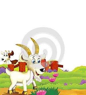 Cartoon farm scene with animal goat having fun in nature