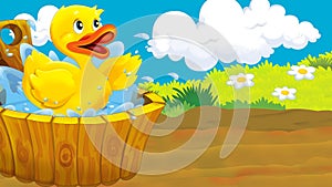 Cartoon farm scene with duck bird illustration