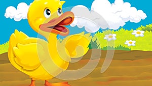 Cartoon farm scene with duck bird illustration