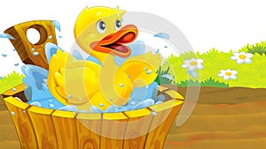Cartoon farm scene with duck bird illustration