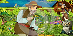 Cartoon farm scene with owl with parents farmer on his farm ranch