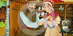 Cartoon farm scene with owl with parents farmer and his wife talking