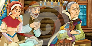 Cartoon farm scene with parents farmer and his wife talking - illustration