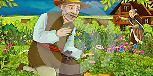 Cartoon farm scene with parents farmer and his wife talking - illustration