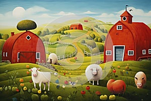 cartoon farm scene with red barn and sheep - illustration for children, A cute farm landscape with roly-poly animals, AI Generated