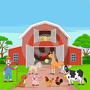 Cartoon farmer and farm animals in the barnyard