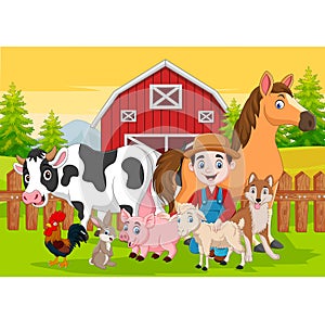 Cartoon farmer and farm animals in the barnyard