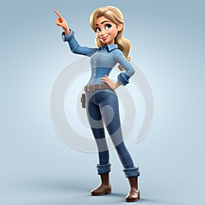 Cartoon Farmer Female Character Pointing Up - 3d Image