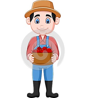 Cartoon farmer holding a basket of apples