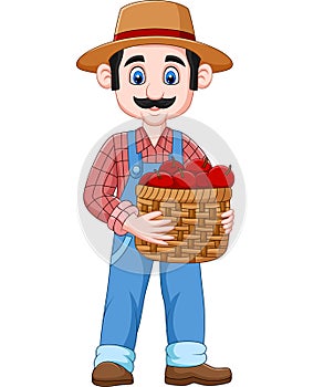 Cartoon farmer holding a basket of apples