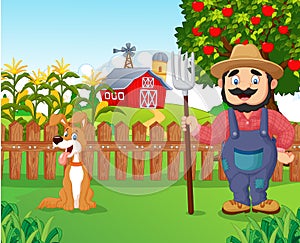 Cartoon farmer holding a rake with dog