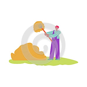 Cartoon farmer man stacking hay with rake - happy man in overalls