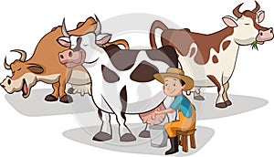 Cartoon farmer milking cow.