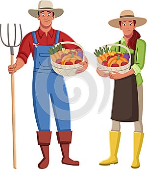 Cartoon farmer with organic vegetables.