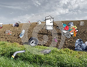 Cartoon Farmer with a Wheelbarrow in a Polluted Field