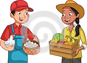 Cartoon farmers with chicken and fruits