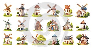 Cartoon Farmhouses, Windmills, and Barns Icon Set. Whimsical Illustrations for Children s Books, Fairy Tale Style photo