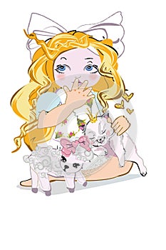 Cartoon fashion little girl with a bow and her cat and a lamb.