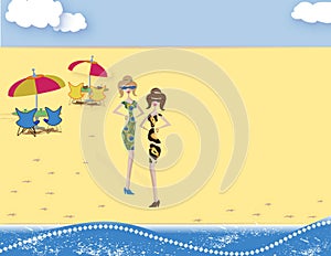 Cartoon Fashion Women on Beach