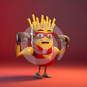 Cartoon fast food character with french fries. 3D illustration